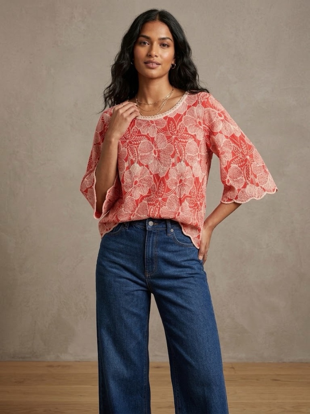 Solitaire Red Floral Lace Overlay Blouse